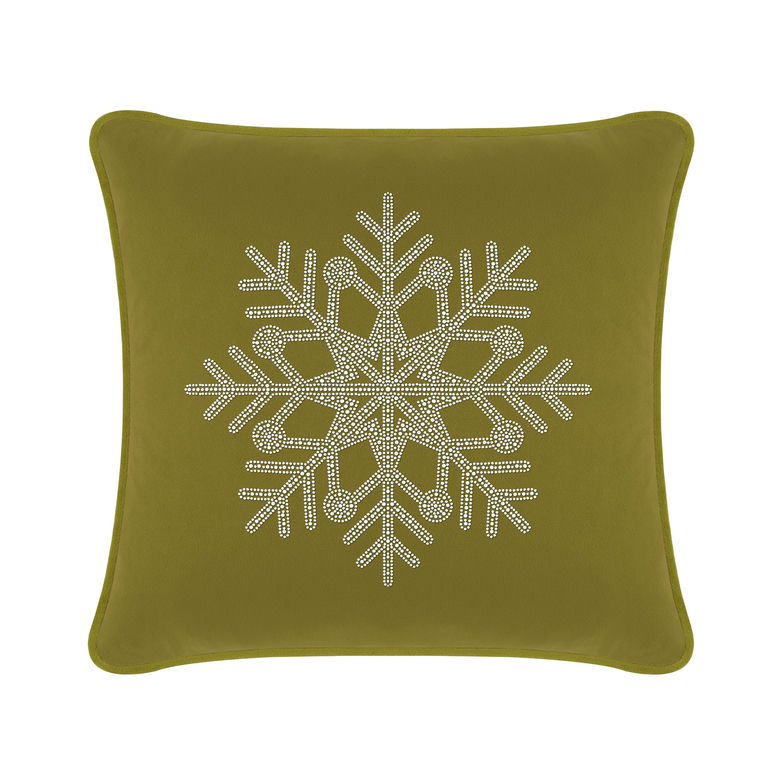 Olive velvet pillow featuring a rhinestone snowflake design with intricate geometric patterns and smooth edges.
