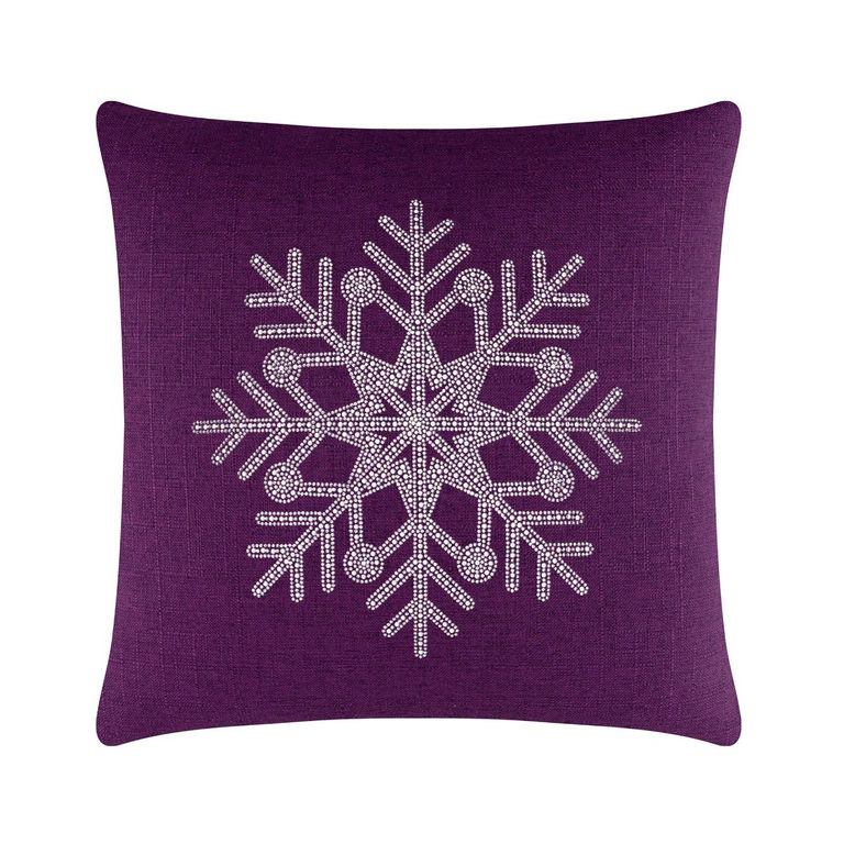 Purple square pillow featuring a rhinestone snowflake design with intricate detailing and a textured fabric surface.