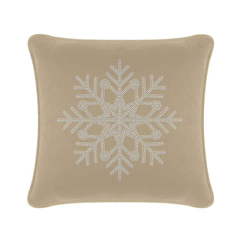 Taupe velvet pillow featuring a rhinestone snowflake design with intricate detailing and a soft smooth texture.