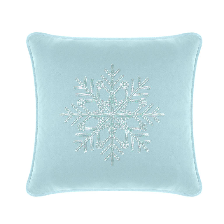 Aqua velvet pillow with a rhinestone snowflake design square shape and piped edges.