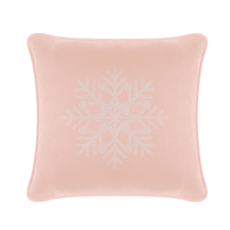 Blush velvet pillow with a rhinestone snowflake design square shape and piped edges.