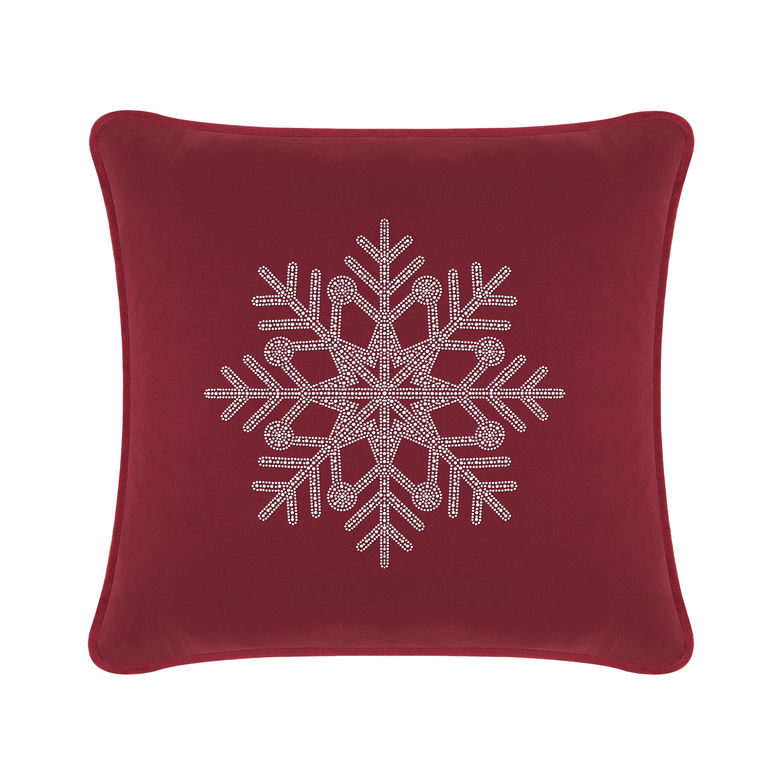 Burgundy velvet pillow featuring a rhinestone snowflake design in the center with a square shape and piped edges.