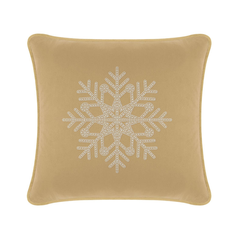 Champagne velvet pillow with a rhinestone snowflake design featuring a smooth texture and square shape.