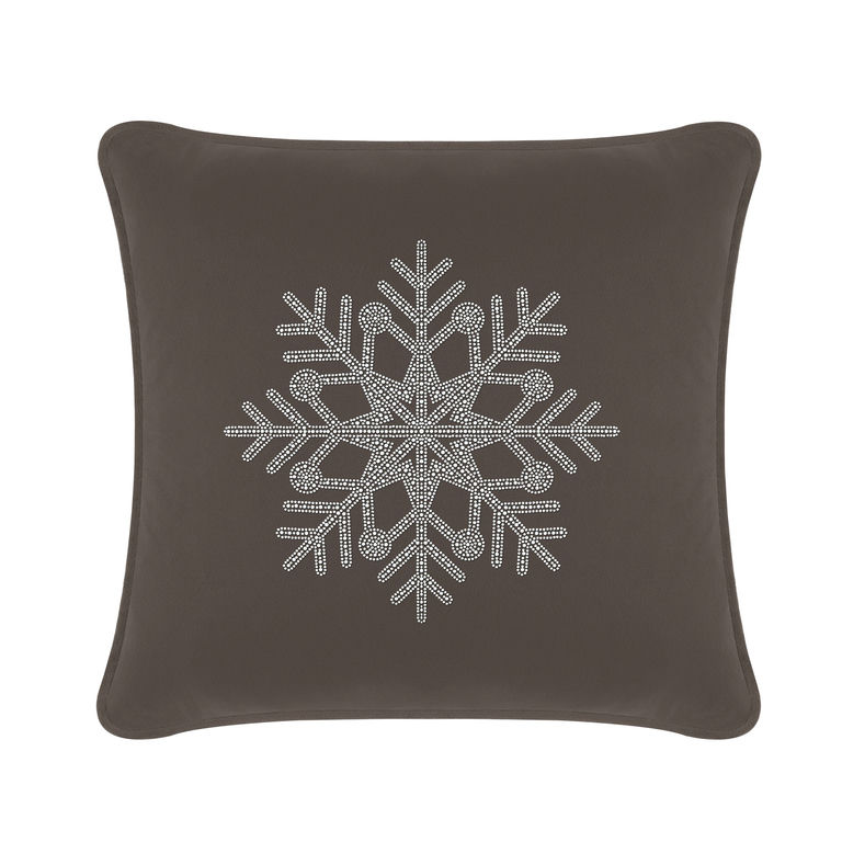 Charcoal velvet pillow featuring a rhinestone snowflake design on a smooth surface square shape 20x20 inches.