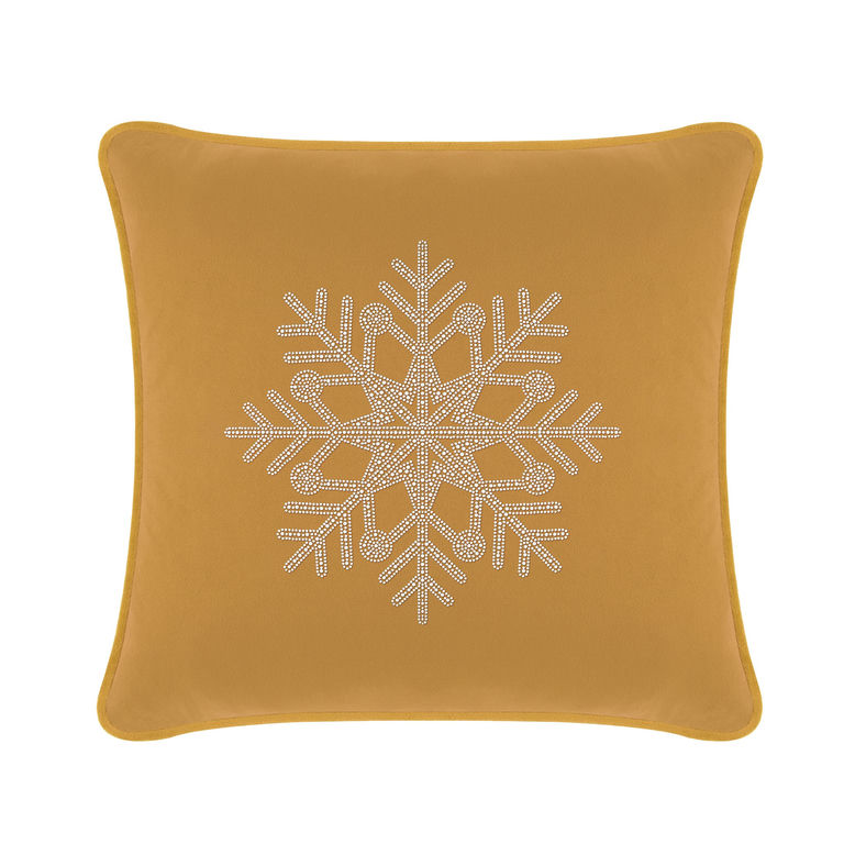 Gold velvet square pillow featuring a rhinestone snowflake design in the center.