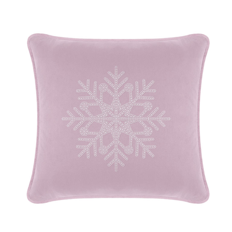 Lavender velvet pillow with a rhinestone snowflake design square shape 20x20 inches smooth texture.