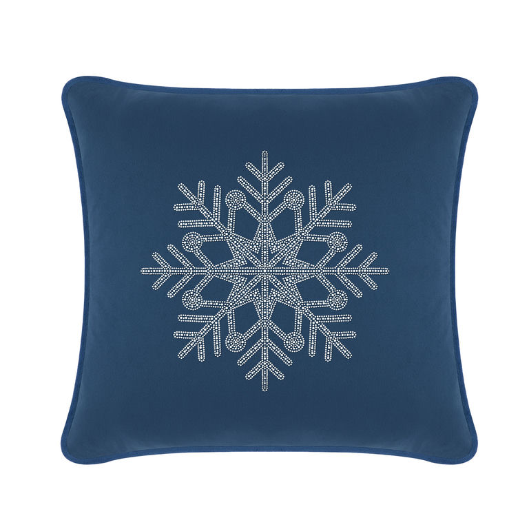 Navy velvet pillow featuring a rhinestone snowflake design with intricate geometric patterns and a smooth texture.