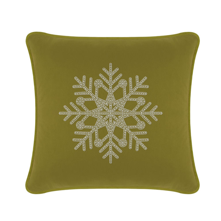 Olive green velvet pillow featuring a rhinestone snowflake design in the center with a square shape and rounded edges.
