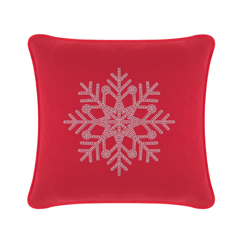 Red velvet pillow featuring a rhinestone snowflake design in the center square shape soft texture.