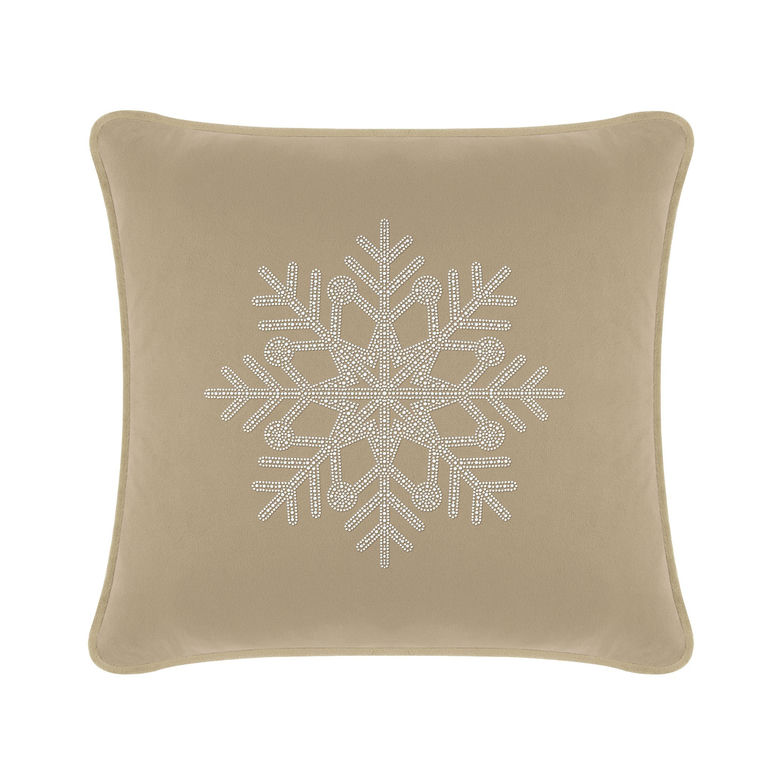 Taupe velvet pillow featuring a rhinestone snowflake design in the center with a smooth soft texture.