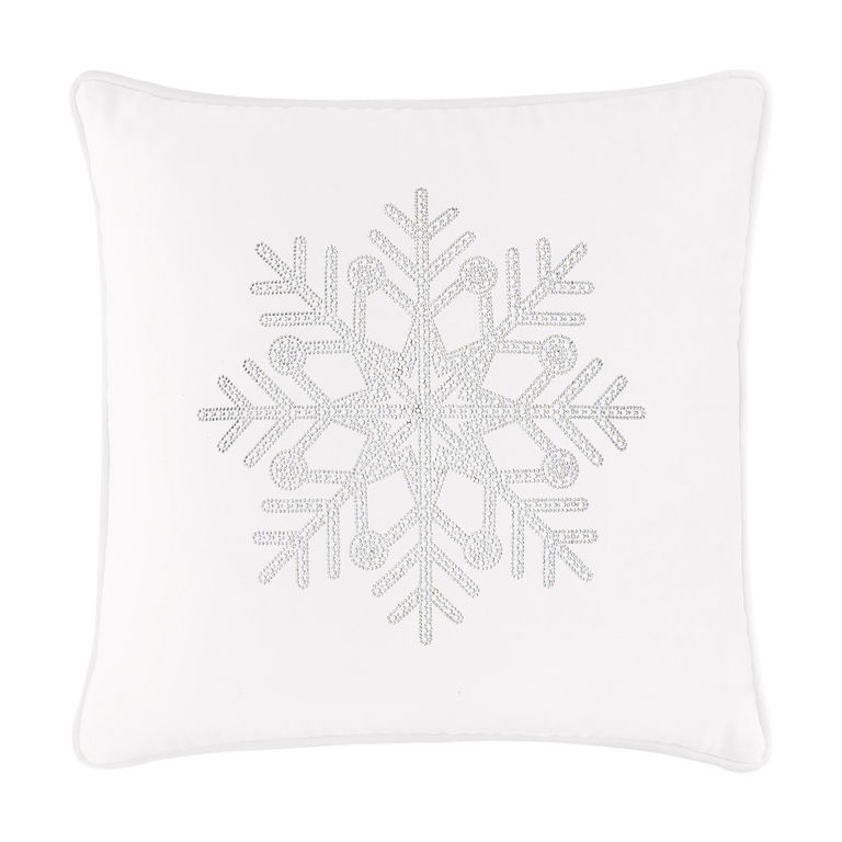 White&#x20;velvet&#x20;pillow&#x20;featuring&#x20;a&#x20;rhinestone&#x20;snowflake&#x20;design&#x20;with&#x20;intricate&#x20;patterns&#x20;and&#x20;a&#x20;smooth&#x20;texture.