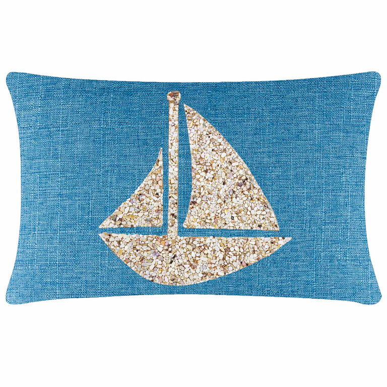 Aqua textured pillow featuring a seashell sailboat design in beige and cream tones on a blue background.