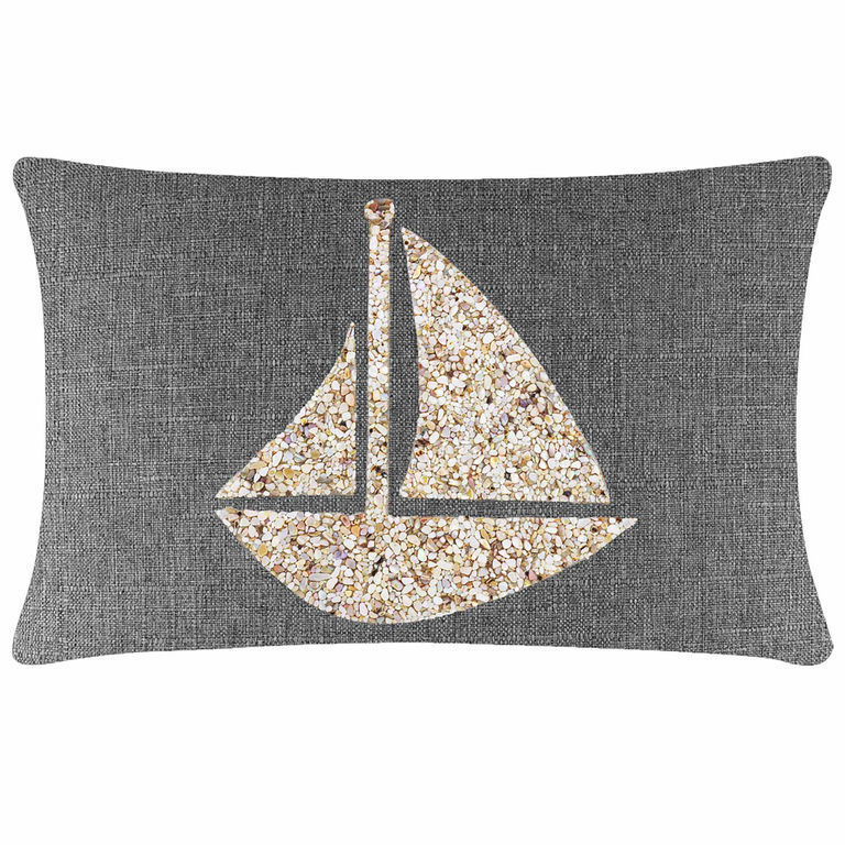 Gray textured pillow featuring a seashell sailboat design in beige and cream tones.