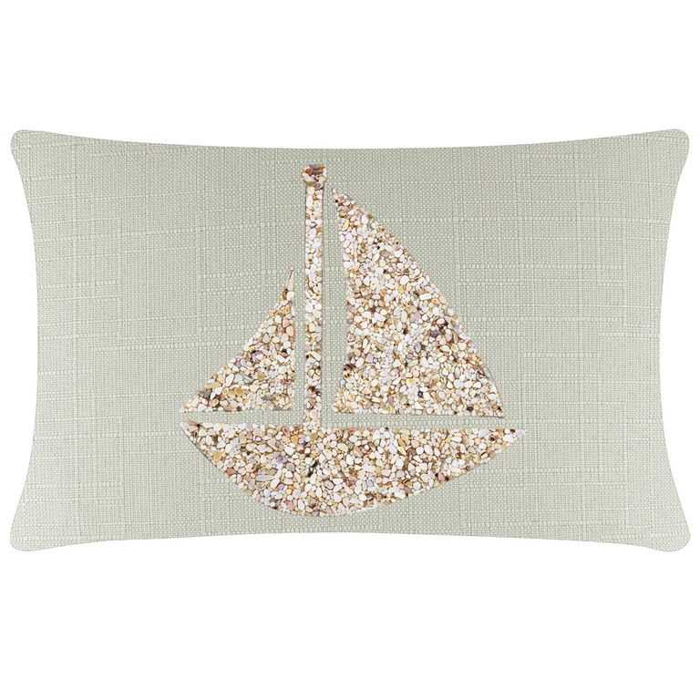 Rectangular light green linen pillow featuring a sailboat design made of textured beige and cream seashells.