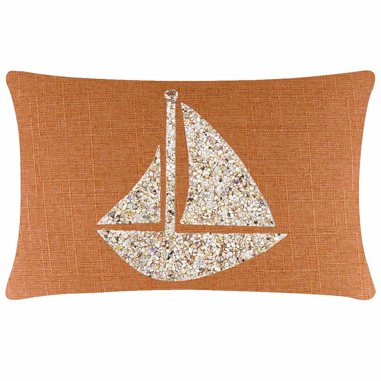 Orange&#x20;textured&#x20;pillow&#x20;featuring&#x20;a&#x20;seashell&#x20;sailboat&#x20;design&#x20;in&#x20;white&#x20;and&#x20;beige&#x20;with&#x20;a&#x20;woven&#x20;appearance.