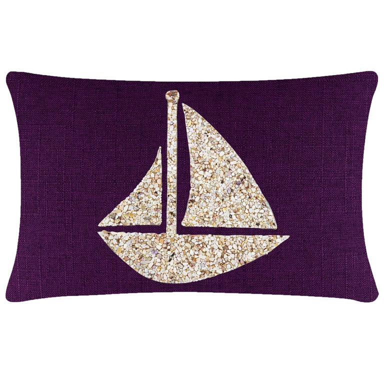 Purple rectangular pillow featuring a seashell sailboat design in beige with a textured fabric background.