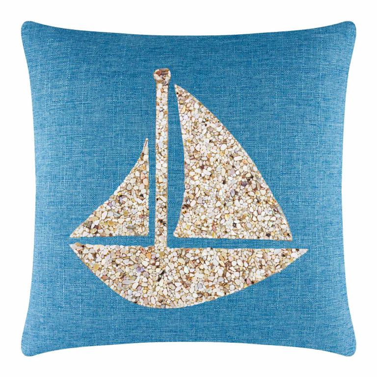 Aqua textured pillow featuring a seashell sailboat design in beige and cream tones on a blue background.