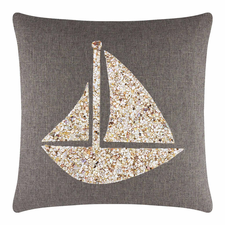 Square&#x20;pillow&#x20;with&#x20;a&#x20;textured&#x20;dark&#x20;gray&#x20;fabric&#x20;featuring&#x20;a&#x20;seashell&#x20;sailboat&#x20;design&#x20;in&#x20;beige&#x20;and&#x20;cream&#x20;tones.