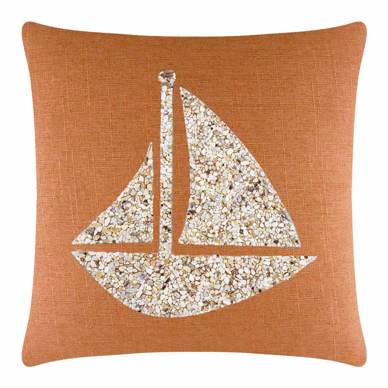 Orange&#x20;textured&#x20;pillow&#x20;featuring&#x20;a&#x20;seashell&#x20;sailboat&#x20;pattern&#x20;in&#x20;cream&#x20;and&#x20;beige&#x20;with&#x20;a&#x20;smooth&#x20;finish.