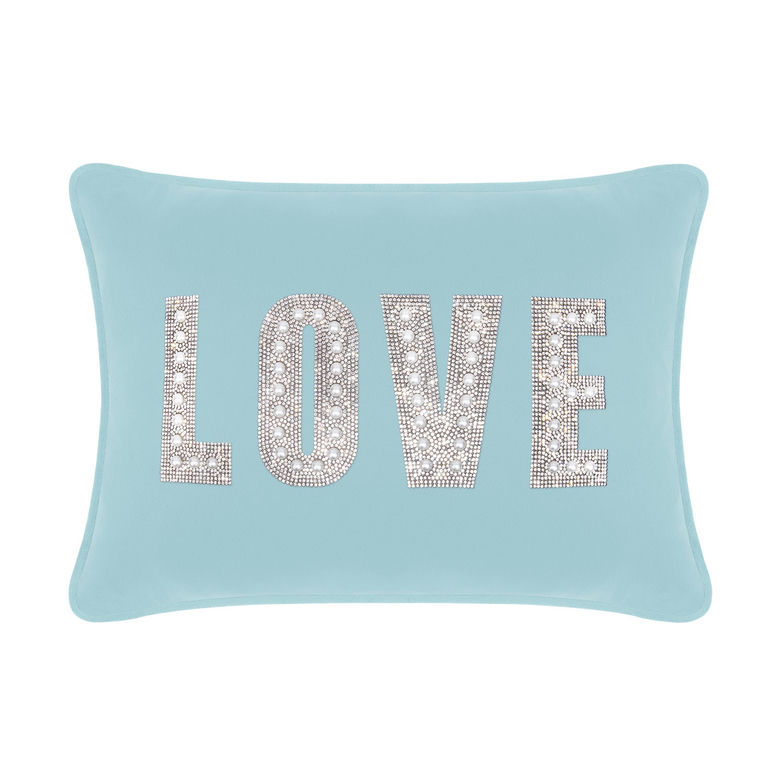 Aqua velvet pillow featuring the word "LOVE" embellished with rhinestones and faux pearls rectangular shape soft texture.