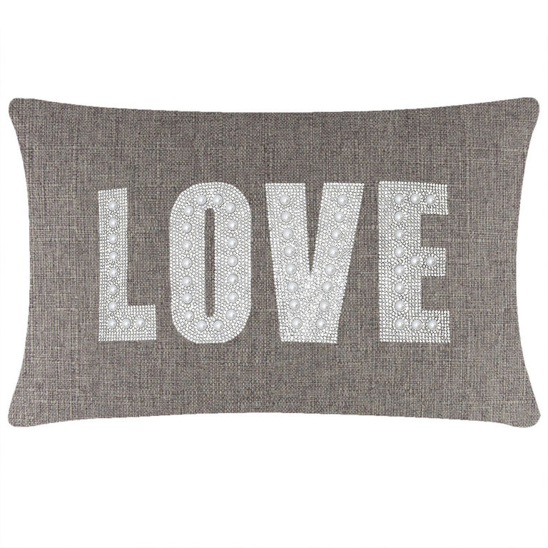 Rectangular&#x20;brown&#x20;pillow&#x20;featuring&#x20;the&#x20;word&#x20;&quot;LOVE&quot;&#x20;in&#x20;rhinestones&#x20;and&#x20;faux&#x20;pearls&#x20;on&#x20;a&#x20;textured&#x20;fabric&#x20;background.