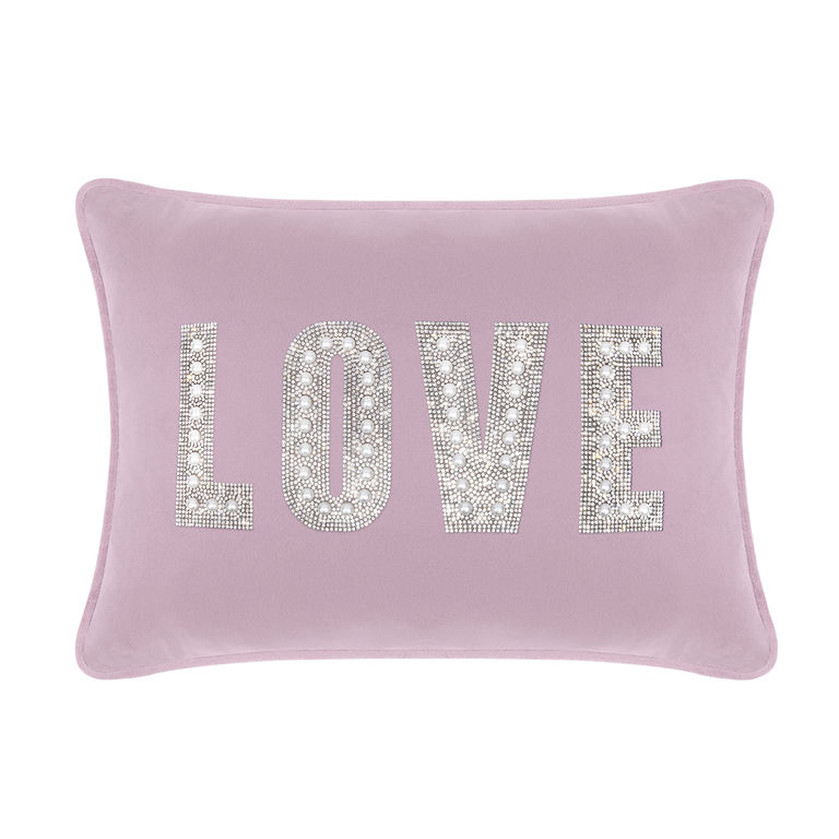 Lavender velvet pillow with rhinestone and faux pearl embellishments spelling "LOVE" in large letters.