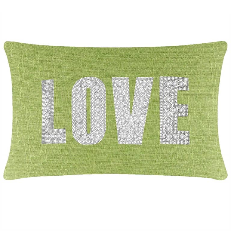 Lime green woven pillow with "LOVE" in rhinestones and faux pearls rectangular shape textured fabric surface.