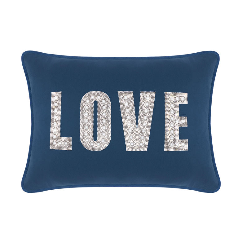 Navy velvet rectangular pillow featuring the word "LOVE" embellished with rhinestones and faux pearls.