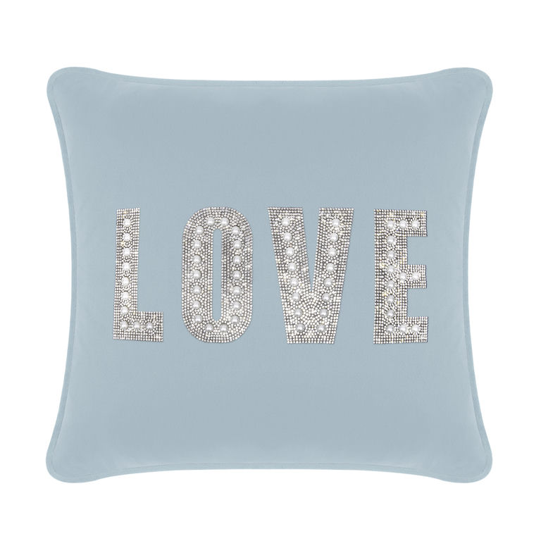 Aqua velvet pillow featuring the word "LOVE" embellished with rhinestones and faux pearls.