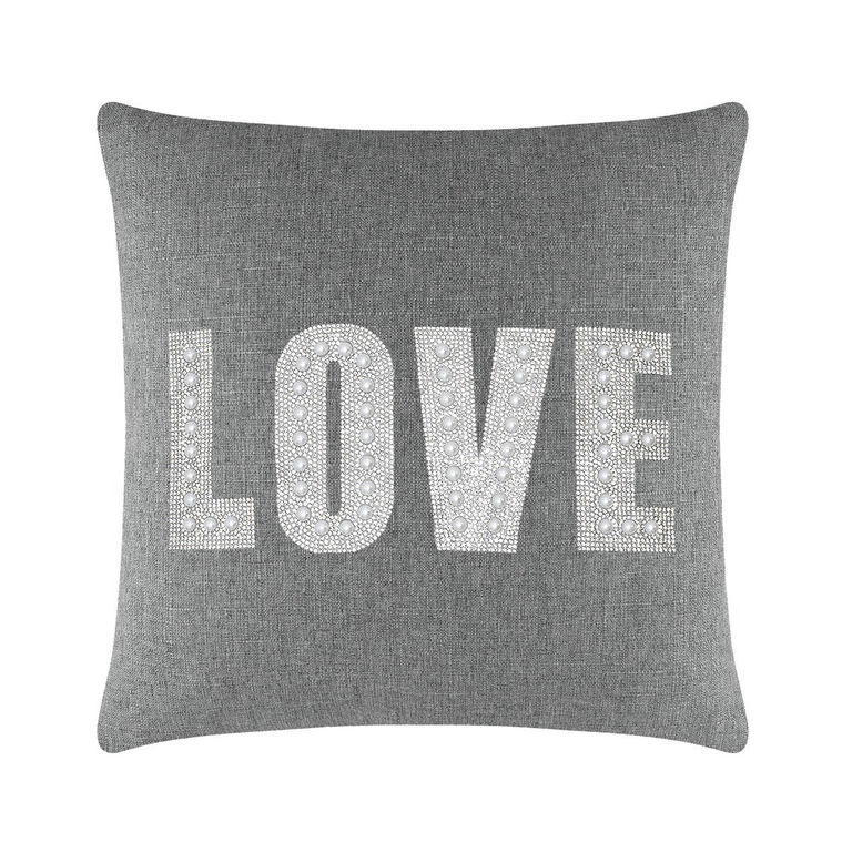 Gray&#x20;pillow&#x20;with&#x20;&quot;LOVE&quot;&#x20;in&#x20;rhinestones&#x20;and&#x20;faux&#x20;pearls&#x20;on&#x20;a&#x20;woven&#x20;texture.
