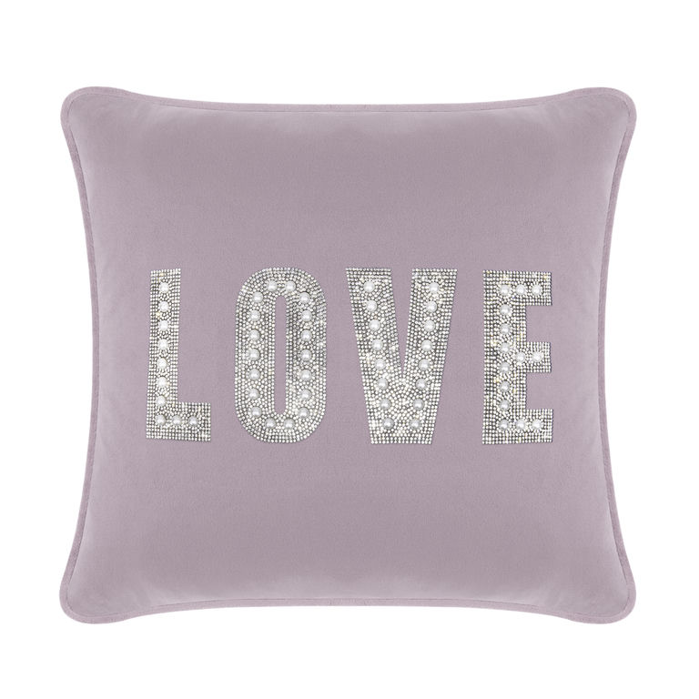 Lavender velvet pillow featuring the word "LOVE" embellished with rhinestones and faux pearls on the front.