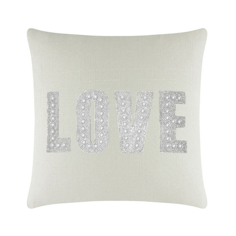 Square&#x20;light&#x20;beige&#x20;linen&#x20;pillow&#x20;with&#x20;&quot;LOVE&quot;&#x20;in&#x20;rhinestones&#x20;and&#x20;faux&#x20;pearls&#x20;featuring&#x20;a&#x20;textured&#x20;woven&#x20;surface.