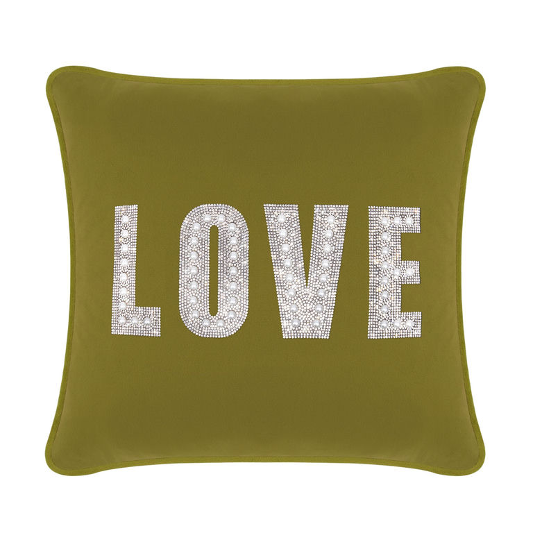 Olive green velvet pillow with the word "LOVE" in rhinestones and faux pearls square shape plush texture.