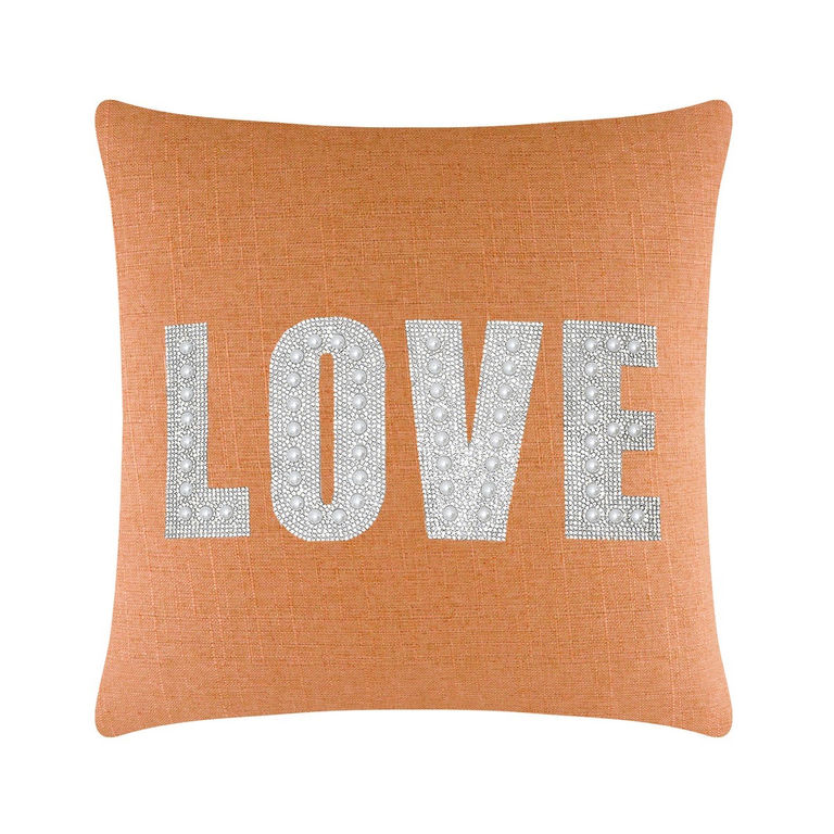 Orange&#x20;woven&#x20;pillow&#x20;featuring&#x20;the&#x20;word&#x20;&quot;LOVE&quot;&#x20;embellished&#x20;with&#x20;rhinestones&#x20;and&#x20;faux&#x20;pearls.