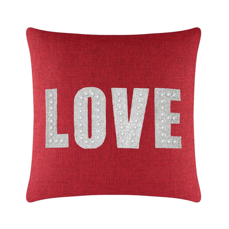 Red&#x20;woven&#x20;pillow&#x20;featuring&#x20;the&#x20;word&#x20;&quot;LOVE&quot;&#x20;in&#x20;rhinestones&#x20;and&#x20;faux&#x20;pearls&#x20;square&#x20;shape&#x20;plush&#x20;texture.
