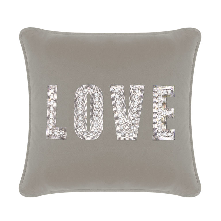 Silver velvet square pillow with LOVE spelled in rhinestones