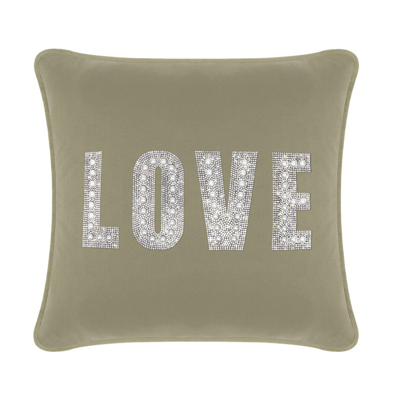 Taupe&#x20;velvet&#x20;pillow&#x20;featuring&#x20;the&#x20;word&#x20;&quot;LOVE&quot;&#x20;in&#x20;rhinestones&#x20;and&#x20;faux&#x20;pearls&#x20;on&#x20;a&#x20;smooth&#x20;surface.