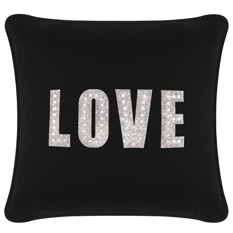 Black velvet pillow featuring the word "LOVE" in rhinestones and faux pearls square shape plush texture 20x20 inches.