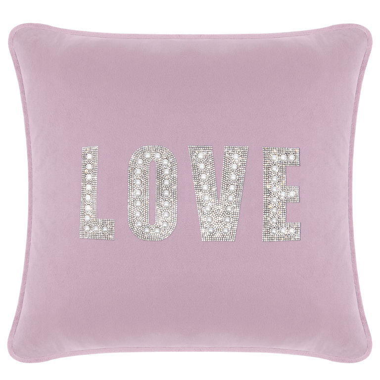 Lavender velvet pillow with rhinestone and faux pearl embellishments spelling "LOVE" in large letters.