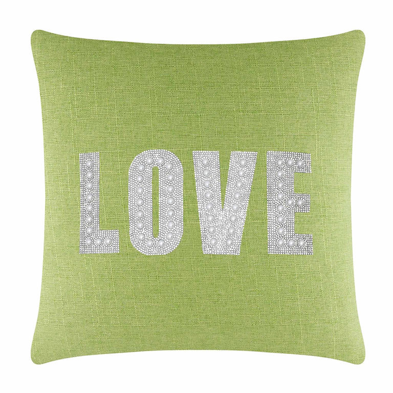 Lime green pillow with a textured fabric featuring "LOVE" in rhinestones and faux pearls square shape 20x20 inches.