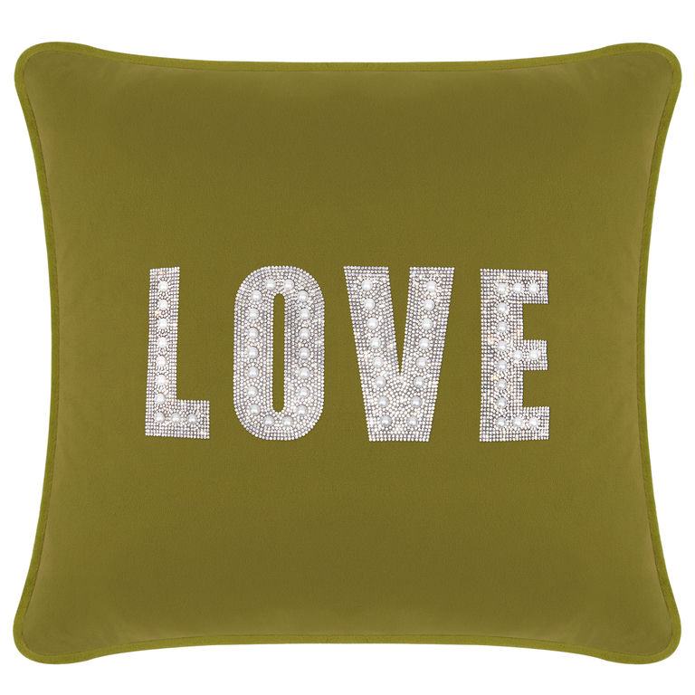 Olive&#x20;green&#x20;velvet&#x20;pillow&#x20;featuring&#x20;the&#x20;word&#x20;&quot;LOVE&quot;&#x20;in&#x20;rhinestones&#x20;and&#x20;faux&#x20;pearls.