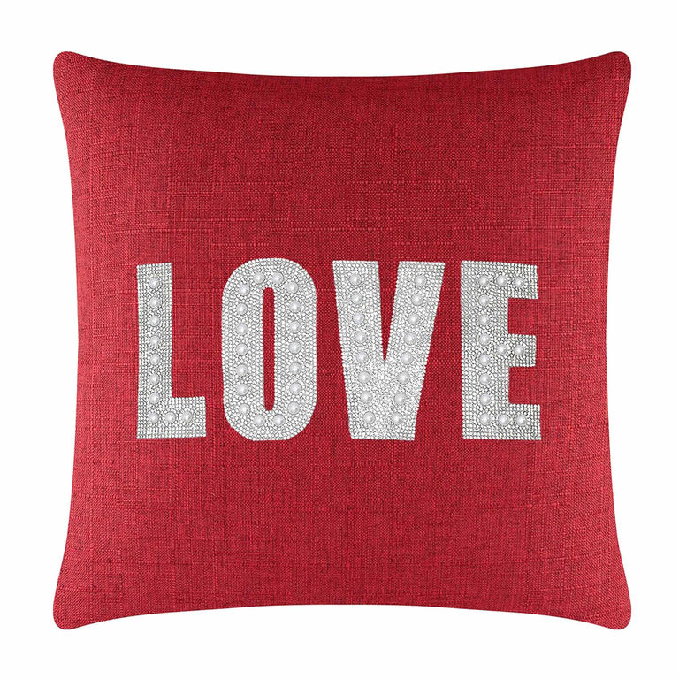 Red&#x20;woven&#x20;pillow&#x20;featuring&#x20;the&#x20;word&#x20;&quot;LOVE&quot;&#x20;in&#x20;rhinestones&#x20;and&#x20;faux&#x20;pearls.