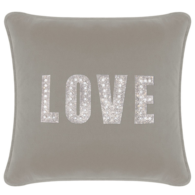 Square silver velvet pillow with "LOVE" in rhinestones and faux pearls featuring a piped edge and plush texture.