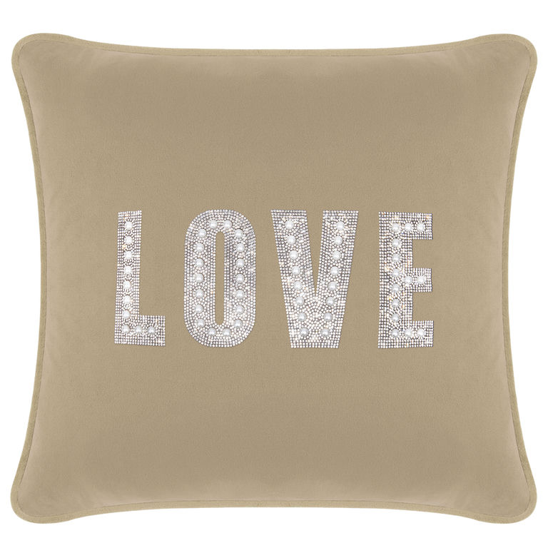 Taupe&#x20;velvet&#x20;pillow&#x20;featuring&#x20;the&#x20;word&#x20;&quot;LOVE&quot;&#x20;embellished&#x20;with&#x20;rhinestones&#x20;and&#x20;faux&#x20;pearls&#x20;on&#x20;a&#x20;smooth&#x20;surface.