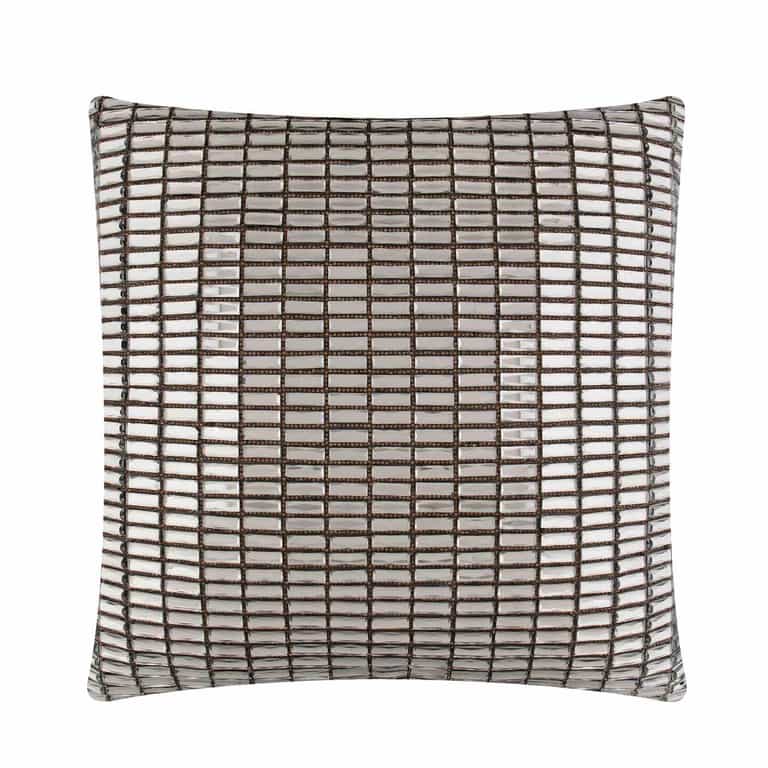 Charcoal velvet decorative pillow with a grid pattern and shimmering glass stone accents