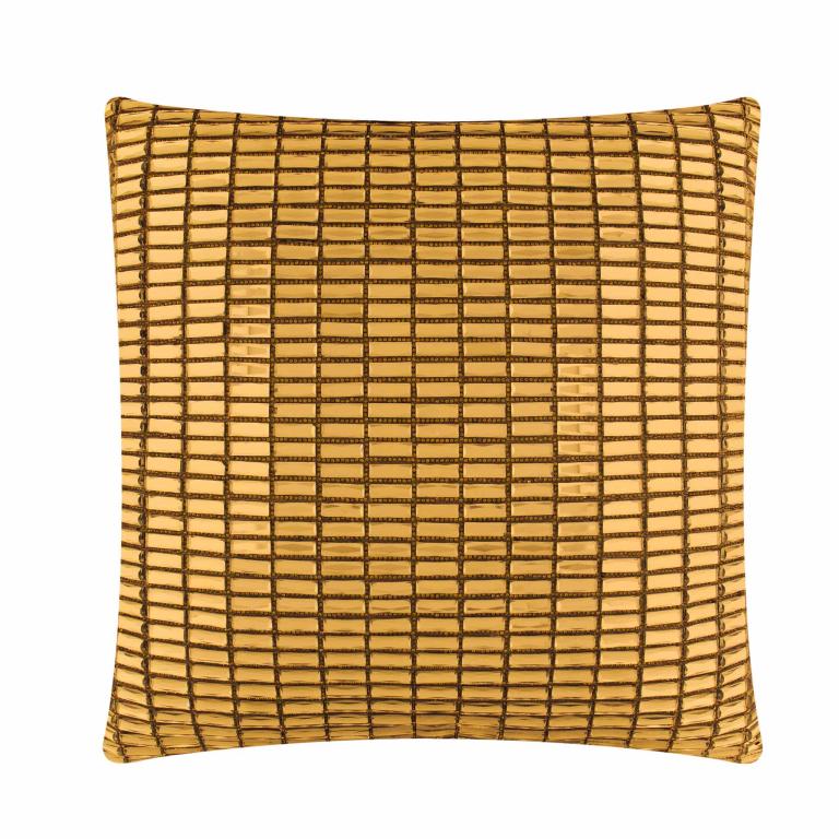 Gold velvet pillow with a grid pattern of glass stones featuring a shiny textured surface and a plump square shape.