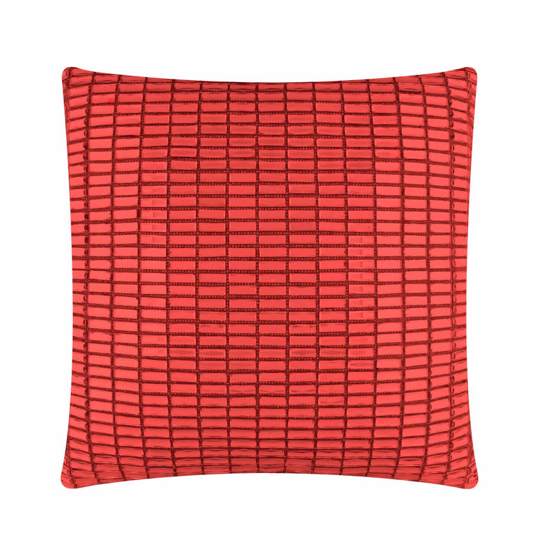 Gold velvet pillow with a grid pattern of glass stones featuring a shiny textured surface and a plump square shape.