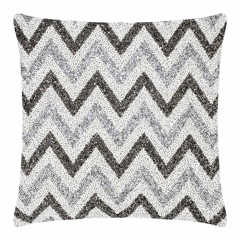Square&#x20;pillow&#x20;featuring&#x20;a&#x20;white&#x20;background&#x20;with&#x20;black&#x20;and&#x20;gray&#x20;chevron&#x20;pattern&#x20;and&#x20;sparkling&#x20;resin&#x20;rhinestones.