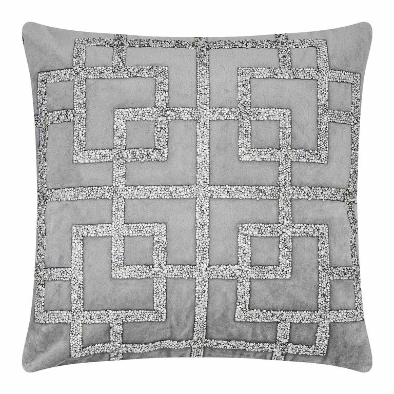 Silver-grey velvet pillow featuring an Art Deco design with silver rhinestones arranged in a geometric pattern.