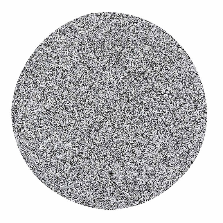 Round pillow covered in silver rhinestones plush texture 15 inches in diameter sparkling surface with a smooth finish.